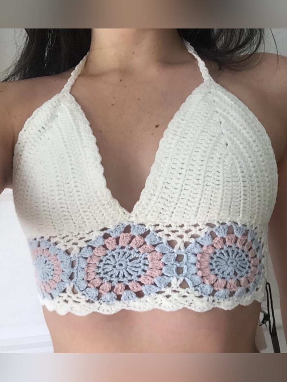 Forever 21 White Crochet Halter Bralette with Pink and Blue Accents